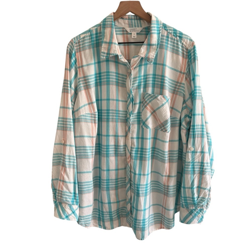 Market & Spruce Plaid Button Up Top 3X Plus Casual Roll Tab Sleeve